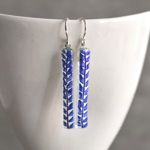 Leaf dangle earrings, Blue or Green, Enamel on glass, Sterling silver hooks, Jewelry gift for nature lovers, Unique gifts for women image 1