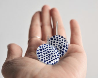 Cobalt Blue Polka Dot Glass Disc Earrings Sterling Silver Hooks, Retro Style