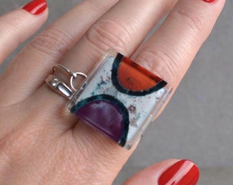 Abstract Glass Cabochon Ring: Hand-Painted Enamel Adjustable Silver plated Band,