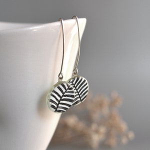 Tropical leaf earrings dangles, Disc earrings black white dangle drop, Fused glass enamel jewelry, Sustainable eco gifts under 50 for women image 8