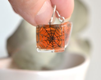 Orange spider web earrings, Witchy earrings dangle, Halloween gift for girlfriend, Gothic style jewelry