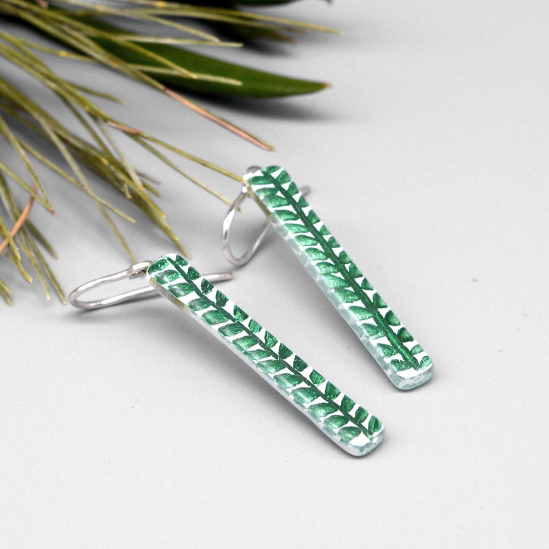 Leaf dangle earrings, Blue or Green, Enamel on glass, Sterling silver hooks, Jewelry gift for nature lovers, Unique gifts for women image 4