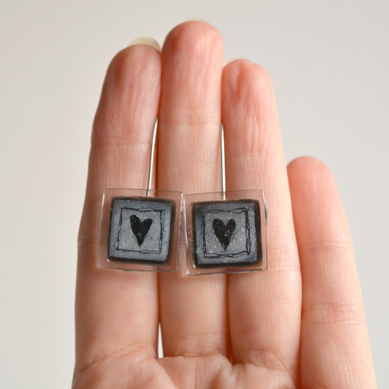 Fused glass heart earrings, black and gray square glass, Sterling silver hook, Unique dangle earrings, Eco friendly Mothers day gift image 4