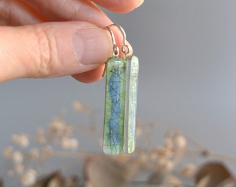 Unique dangle bar earrings, Lime green and blue hand painted fused glass jewelry, Sustainable gift for wife, Eco friendly spring earrings