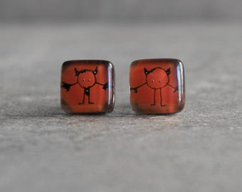 Hand Painted Devil Stud Earrings Glass and Sterling Silver Posts