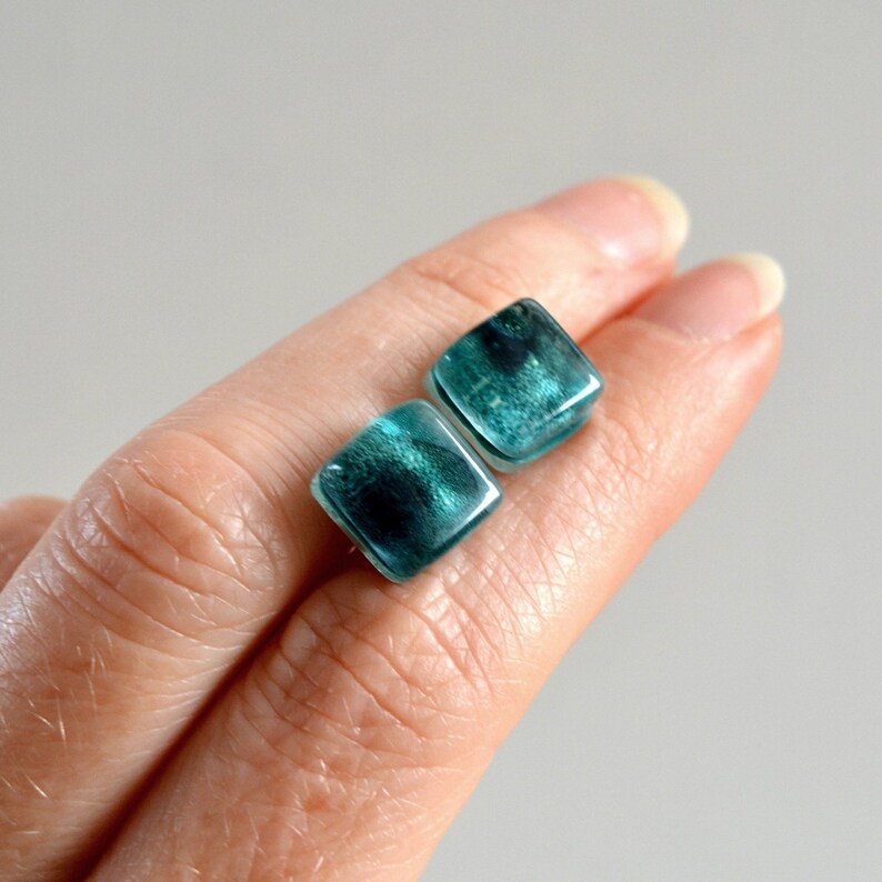 Recycled glass and sterling silver Artisan gift for women Art jewelry Small glass emerald green earrings