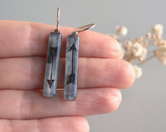 Arrow Earrings, Glass and Sterling Silver Dangle Bar Sustainable Jewelry