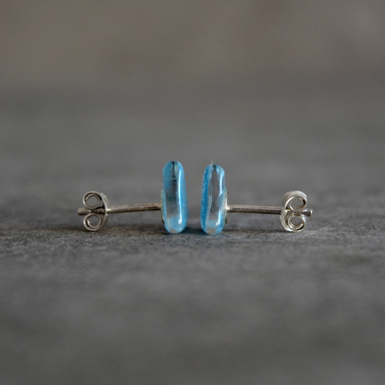 Turquoise triangle earrings, Enamel glass and sterling silver posts, Small earrings stud image 6