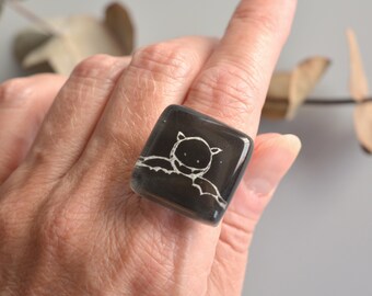 Black vampire ring, Cute Halloween ring, Fused glass jewelry, Unique fun gift for goth, Art jewelry