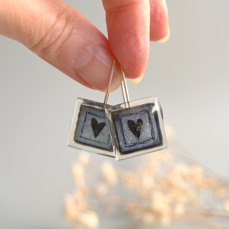 Fused glass heart earrings, black and gray square glass, Sterling silver hook, Unique dangle earrings, Eco friendly Mothers day gift image 7