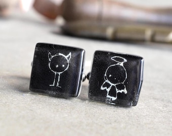 Mismatched Devil & Angel Cufflinks Hand Painted Fused Glass