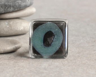 Oversized Glass Ring, Black & Patina Blue Adjustable Band
