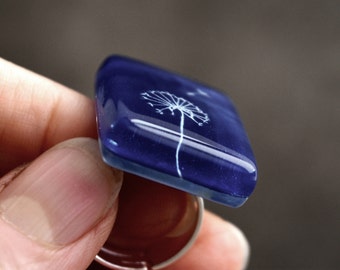 Cobalt Blue Fused Glass Statement Ring, Dandelion Design - Handcrafted Bold Jewelry