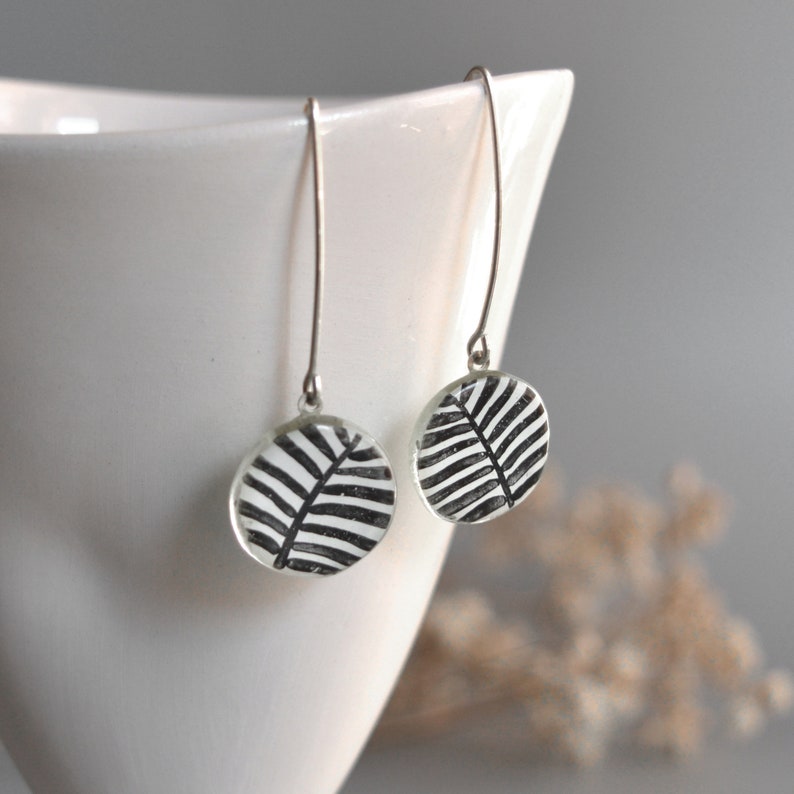 Tropical leaf earrings dangles, Disc earrings black white dangle drop, Fused glass enamel jewelry, Sustainable eco gifts under 50 for women image 1