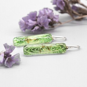 Green fused glass earrings dangles, Sterling Silver, Colorful rectangle bar earrings, Unique jewelry Gift Under 50 for Sister, Eco gifts image 7