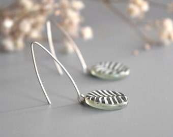 Tropical leaf earrings dangles, Disc earrings black white dangle drop, Fused glass enamel jewelry, Sustainable eco gifts under 50 for women