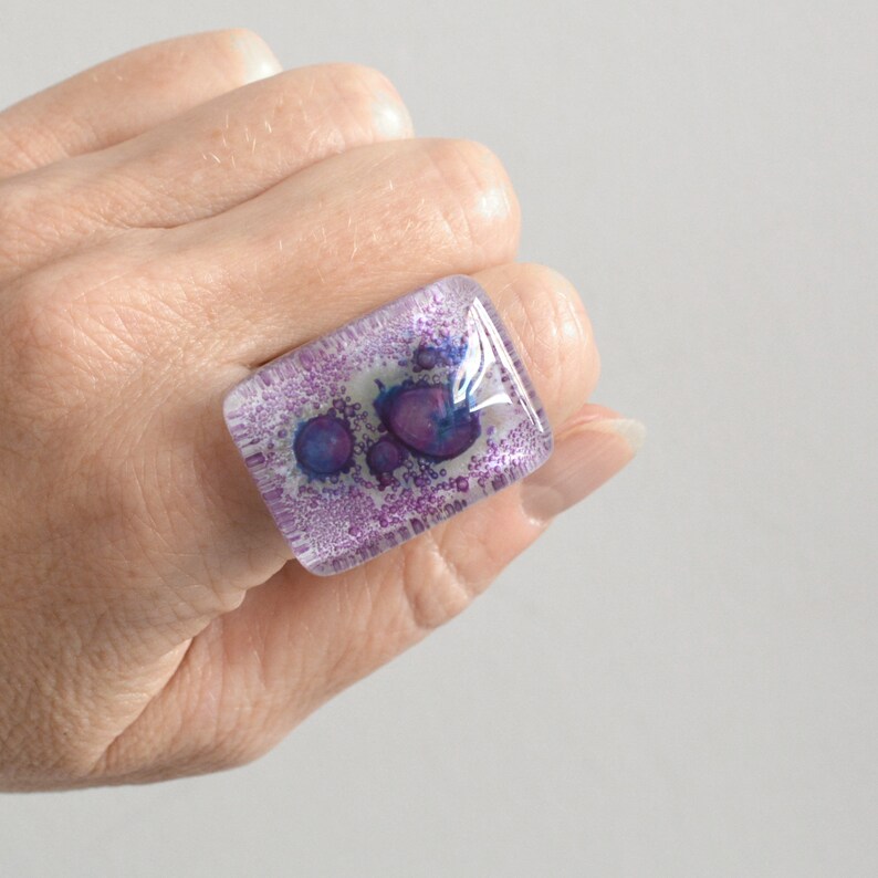 Chunky purple glass ring, Adjustable size, Modern statement ring, Cool rings for women, Sustainable gifts for sister, Gifts under 50 image 1