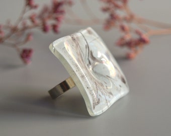 Oversized glass ring, Beige handmade maxi ring, Sterling silver and fused glass, Artisan jewelry, Unique gifts for women