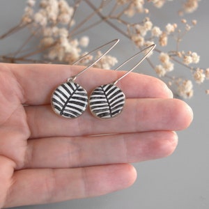 Tropical leaf earrings dangles, Disc earrings black white dangle drop, Fused glass enamel jewelry, Sustainable eco gifts under 50 for women image 6