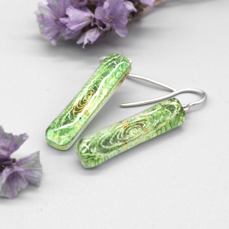 Green fused glass earrings dangles, Sterling Silver, Colorful rectangle bar earrings, Unique jewelry Gift Under 50 for Sister, Eco gifts image 8