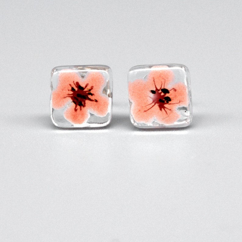 Sakura stud earrings, Peach pink cherry blossom, Hand painted flower on glass, Unique enamel earrings, Sterling silver, Floral gifts for her image 3