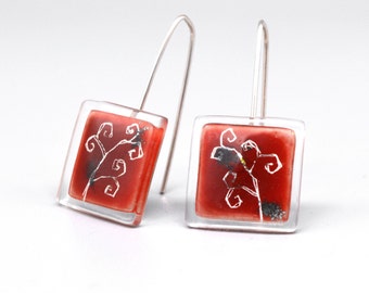 Artisan vine earrings in crimson red, Sterling silver and fused glass jewelry, Unique nature gifts for women