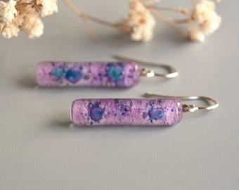 Long purple earrings dangle bar, Lilac fused glass and sterling silver jewelry, Artisan gift for sister, Eco-friendly jewelry