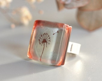 Glass dandelion ring adjustable size, Red and white color, Unique jewelry gift for women