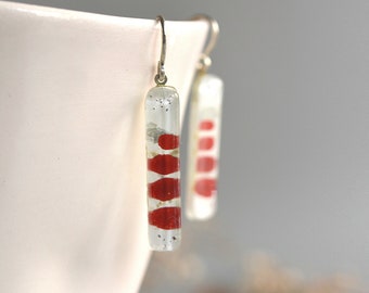 Dangle bar unique earrings, Eco gift for sister, Red droplets in glass hand painted jewelry, Sterling silver, Thoughtful gift for wife