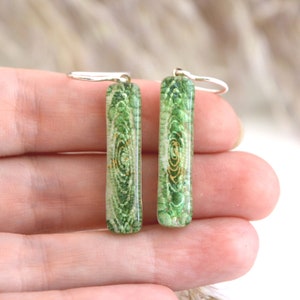 Green fused glass earrings dangles, Sterling Silver, Colorful rectangle bar earrings, Unique jewelry Gift Under 50 for Sister, Eco gifts image 4