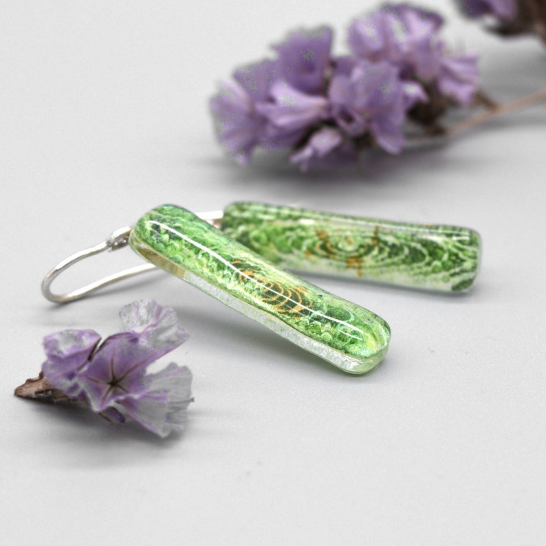Green fused glass earrings dangles, Sterling Silver, Colorful rectangle bar earrings, Unique jewelry Gift Under 50 for Sister, Eco gifts image 2