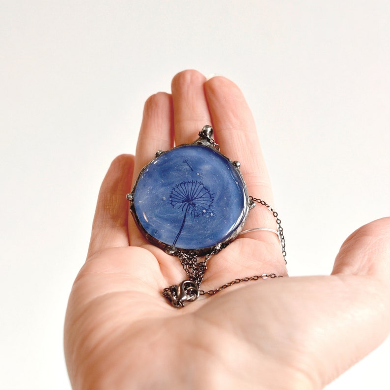 Blue dandelion necklace, Fused glass pendant, Unique art jewelry, Stained glass, Hand painted make a wish necklace, Nature gift for women image 4