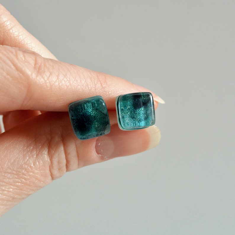Recycled glass and sterling silver Artisan gift for women Art jewelry Small glass emerald green earrings