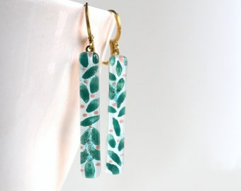 Long emerald green leaves earrings, Huggie hoop, Dangle bar earrings, Brass and glass, Hand painted unique jewelry, Sustainable gift for her
