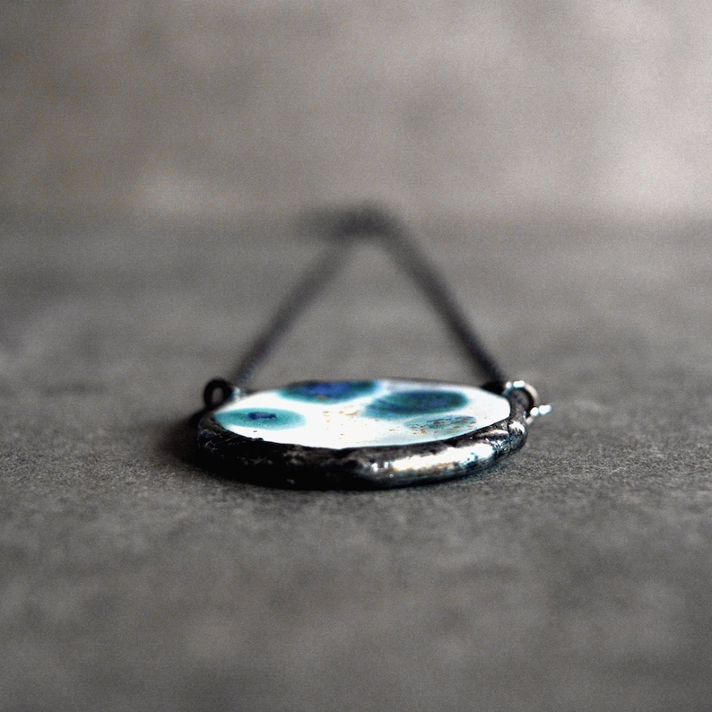 Unique gifts for women Turquoise full moon necklace Handpainted with enamels Stained glass jewelry