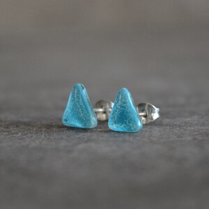 Turquoise triangle earrings, Enamel glass and sterling silver posts, Small earrings stud image 4