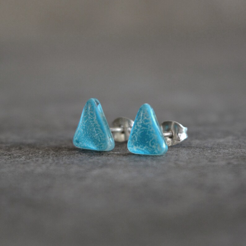 Turquoise triangle earrings, Enamel glass and sterling silver posts, Small earrings stud image 4