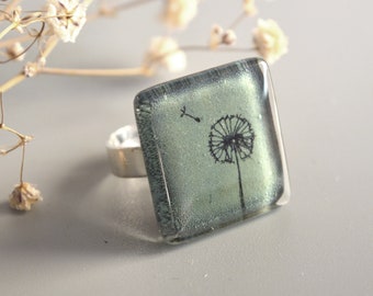 Moss green Ring with dandelion, Square - Unique Glass Jewelry, Cool and Stylish