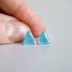 Turquoise triangle earrings, Enamel glass and sterling silver posts, Small earrings stud image 5