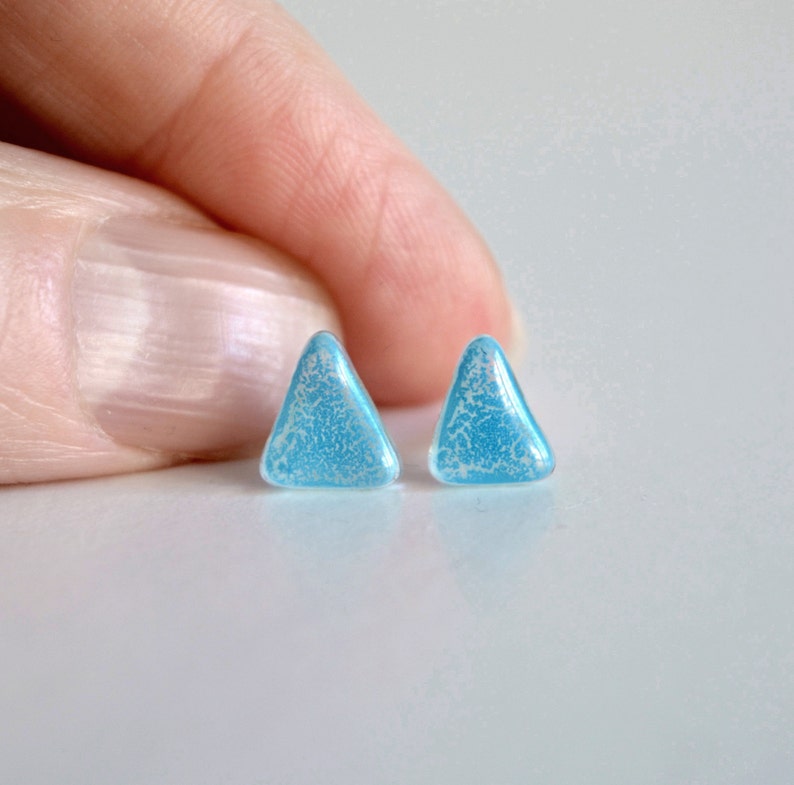 Turquoise triangle earrings, Enamel glass and sterling silver posts, Small earrings stud image 5