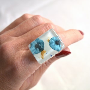 Big aqua blue fused glass ring, Adjustable abstract statement ring, Chunky rings for women, Unique gift for sister, Gifts under 50 image 1