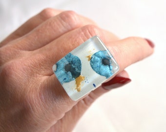Big aqua blue fused glass ring, Adjustable abstract statement ring, Chunky rings for women, Unique gift for sister, Gifts under 50