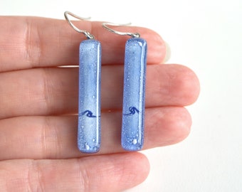 Long dangle bar earrings, Blue wave in glass surf earrings, Ocean gifts, Fused glass and sterling silver, Gift for beach lover