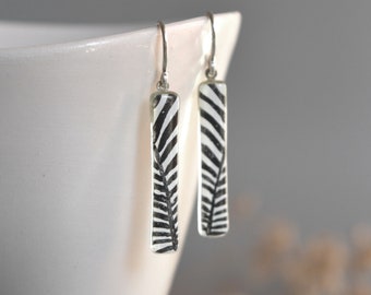 Dangle bar earrings black and white striped small statement earring sterling silver and glass, Unique gift for sister, Gift for friend woman