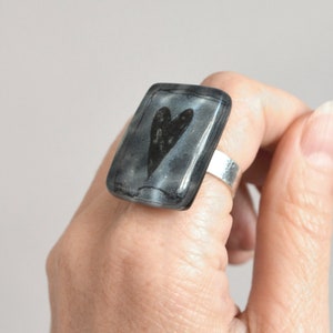 Oversized fun glass ring, Purple or black heart, Love jewelry, Rectangle ring for her, Mothers Day gifts under 50 image 6