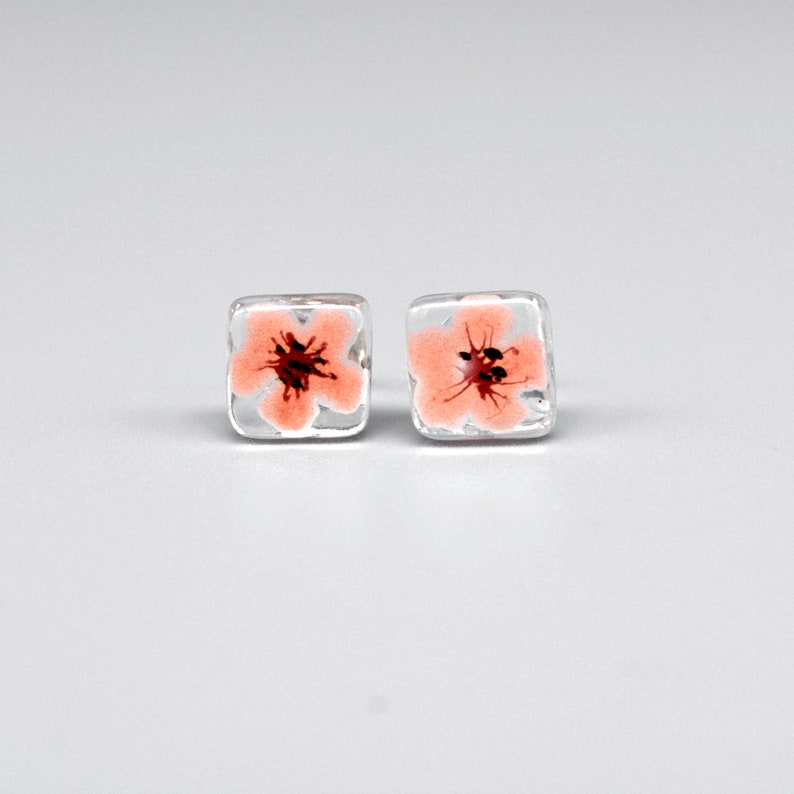 Sakura stud earrings, Peach pink cherry blossom, Hand painted flower on glass, Unique enamel earrings, Sterling silver, Floral gifts for her image 8