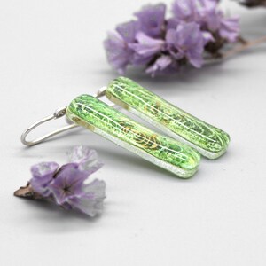 Green fused glass earrings dangles, Sterling Silver, Colorful rectangle bar earrings, Unique jewelry Gift Under 50 for Sister, Eco gifts image 5