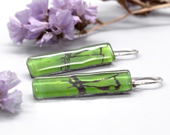 Green butterfly earrings dangles, Sterling silver and fused glass earrings, Artisan jewelry gift for wife, Unique gifts under 50