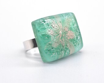 Unique green ring, Fused glass and sterling silver, Modern artisan handmade jewelry, Sustainable eco gifts for sister, Gifts under 50,