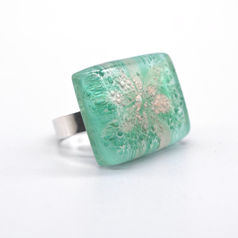 Unique green ring, Fused glass and sterling silver, Modern artisan handmade jewelry, Sustainable eco gifts for sister, Gifts under 50, image 1
